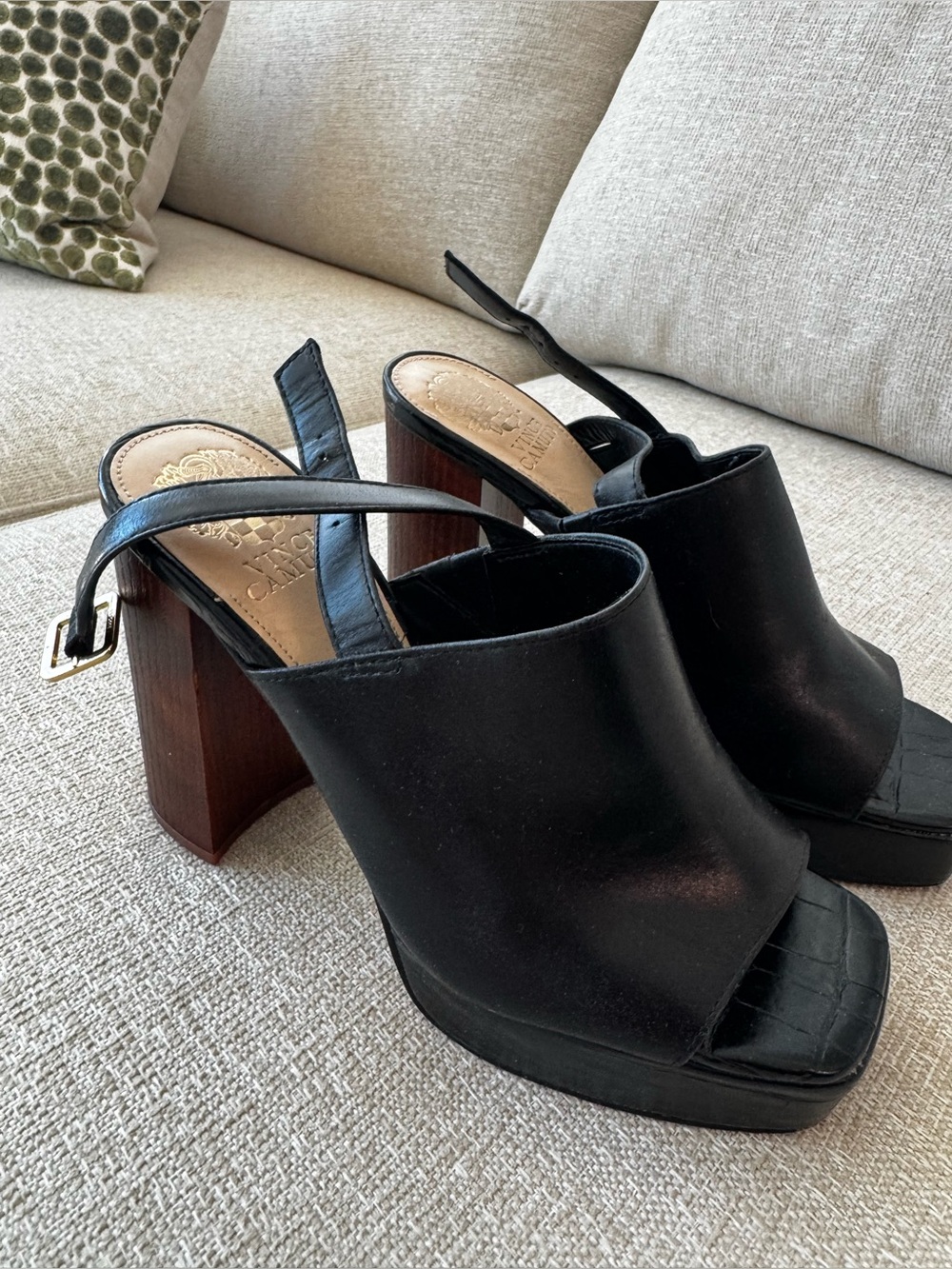 Vince Cumuto Black Leather Block Heel Slingback Mules